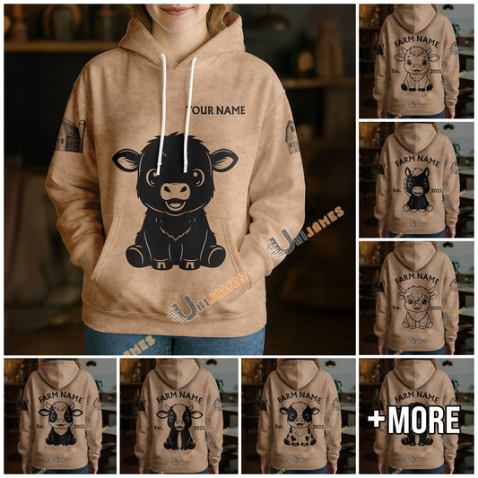 Uni Personalized Name & Farm Name Adorable Farm Calf Hoodie (10 Cattle Breeds)