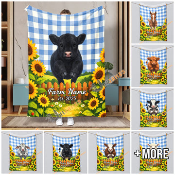 Uni Sunflower Baby Cow Personalized Farm Blanket (10 Cattle Breeds)