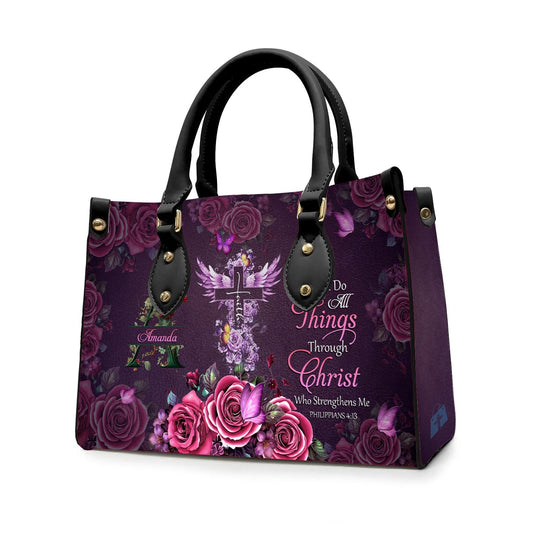 Personalized Floral Leather Handbag - Custom Name |