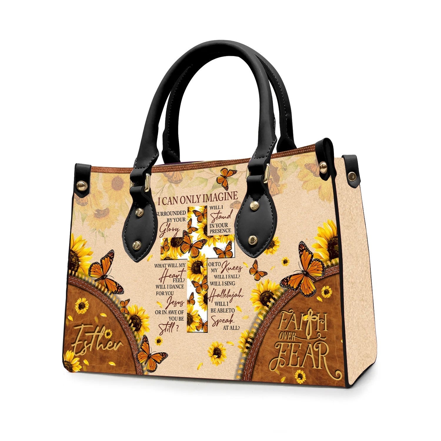 I Can Only Imagine Leather Handbag, Butterfly Sunflower Cross Leather Handbag, Gifts for Women, CABLTB02311023.