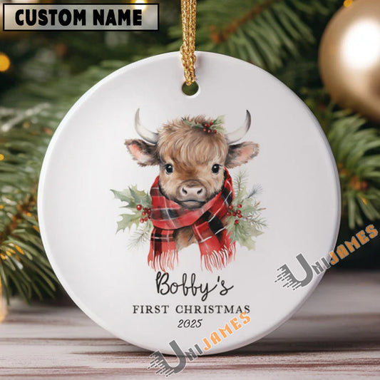 UniJames Personalized Baby's First Christmas Ornament, Highland Cow Ceramic Ornament