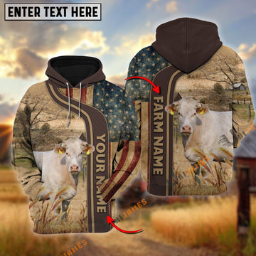 Uni Personalized Name, Farm Name Charolais US Flag Hoodie