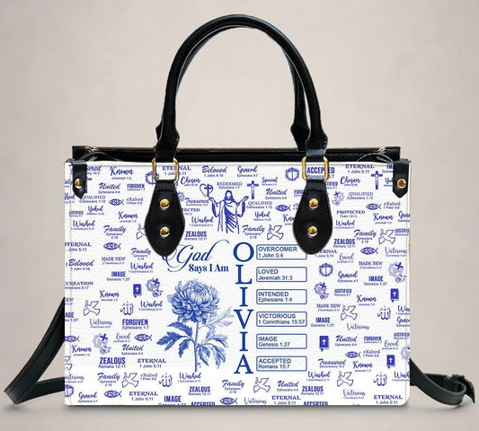 Personalized Leather Tote Bag with Name & Birth Month Flower – Custom Christian Handbag