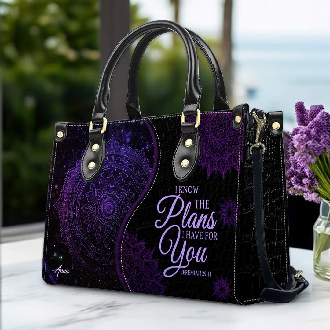 Personalized Christian Leather Handbag – “I Know the Plans I Have for You” Jeremiah 29:11 Mandala Design | ™
