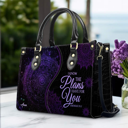 Personalized Christian Leather Handbag – “I Know the Plans I Have for You” Jeremiah 29:11 Mandala Design | ™