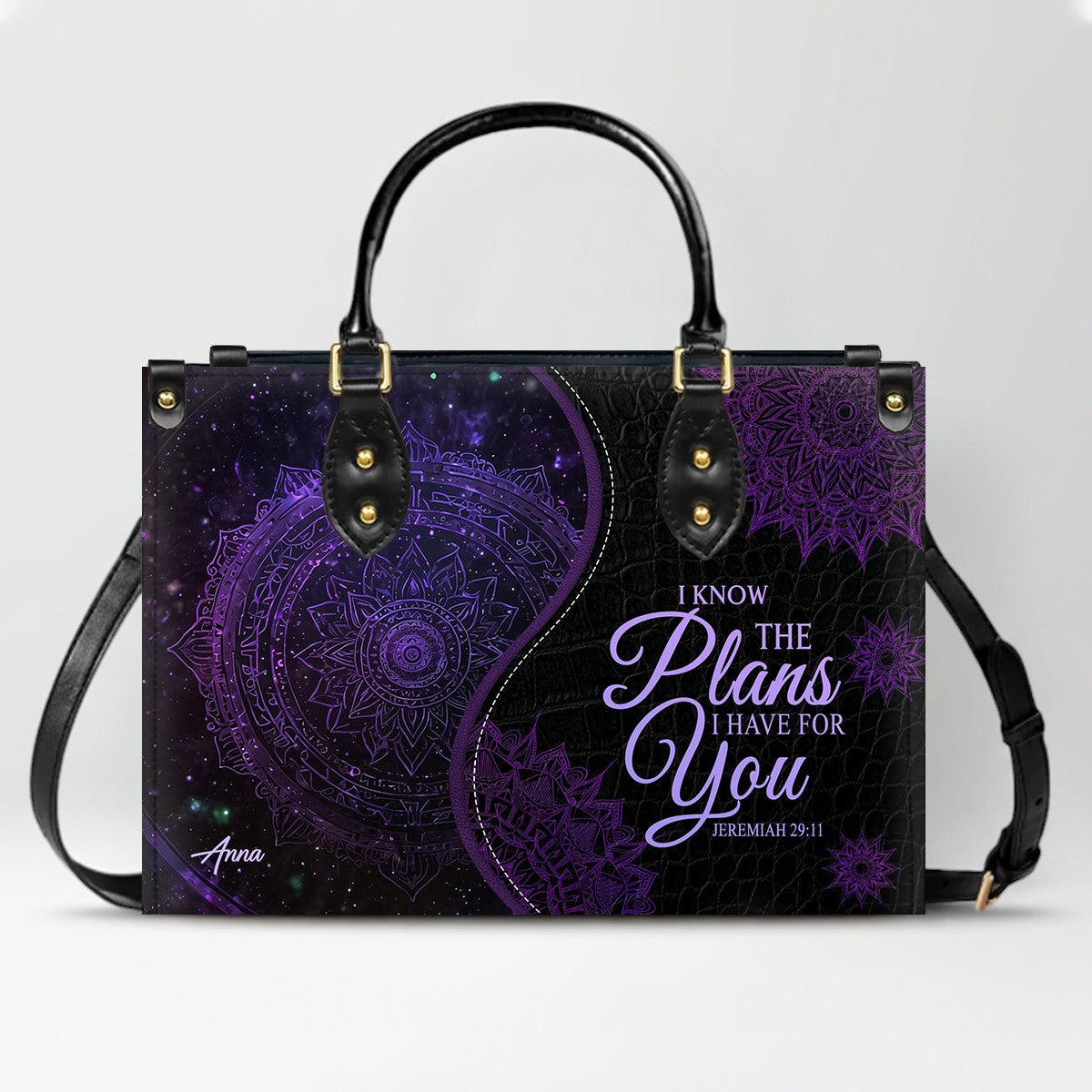 Personalized Christian Leather Handbag – “I Know the Plans I Have for You” Jeremiah 29:11 Mandala Design | ™
