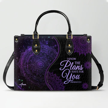 Personalized Christian Leather Handbag – “I Know the Plans I Have for You” Jeremiah 29:11 Mandala Design | ™