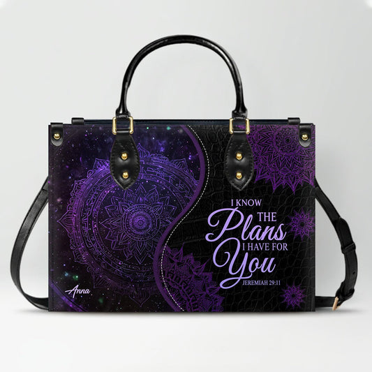 Personalized Christian Leather Handbag – “I Know the Plans I Have for You” Jeremiah 29:11 Mandala Design | ™
