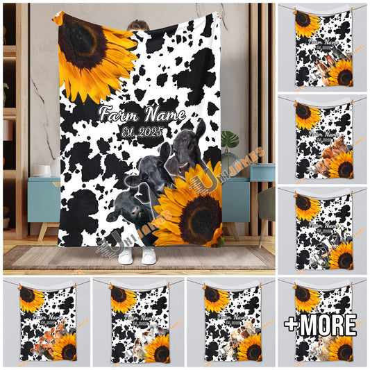 Uni Personalized Sunflowers & Cattle – Personalized Farmhouse Blanket (10 Cattle Breeds)