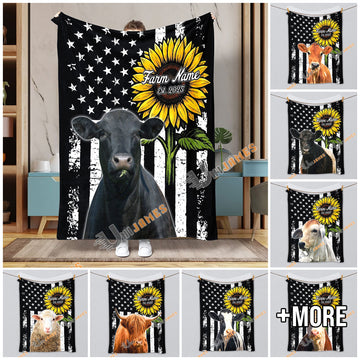 Uni Personalized Sunflowers & Cattle USA Flag Farm Blanket (10 Cattle Breeds)