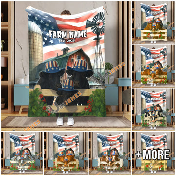 Uni Personalized Farm Name Blanket with American Flag & Cow