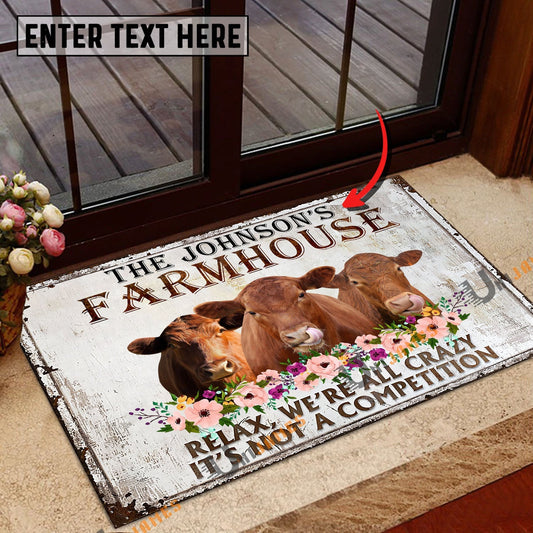 Uni Red Angus Relax Cattle Farm Personalized Name Doormat