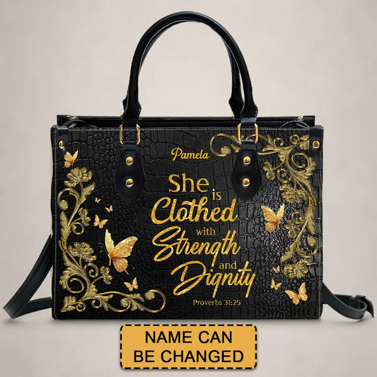 Personalized Leather Handbag – Blessed Mom – She is clothed with strength and dignity – Proverbs 31:25 |
