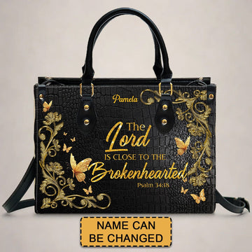 Personalized Leather Handbag – Healing from Grief – The Lord Is Close to the Brokenhearted – Psalm 34:18 |