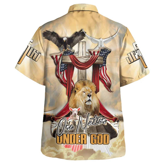 UniJames One Nation Under God America Flag Lion And The Lamb Jesus Hawaiian Shirt - Best Hawaiian Shirts - Christian Hawaiian Shirt