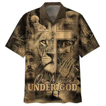 UniJames One Nation Under God Hawaiian Shirt For Men - Jesus And The Lion Of Judah Hawaiian Shirts - Christian Hawaiian Shirt