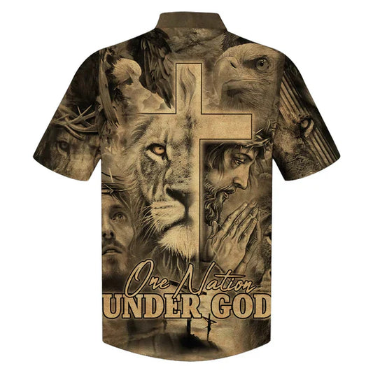 UniJames One Nation Under God Hawaiian Shirt For Men - Jesus And The Lion Of Judah Hawaiian Shirts - Christian Hawaiian Shirt