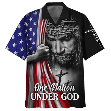 UniJames One Nation Under God Jesus American Hawaiian Shirt - Best Hawaiian Shirts - Christian Hawaiian Shirt