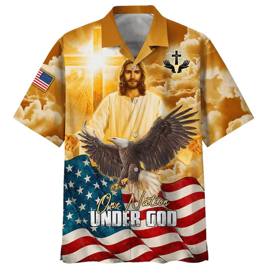 UniJames One Nation Under God Jesus Eagle American Hawaiian Shirt - Best Hawaiian Shirts - Christian Hawaiian Shirt