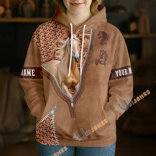 UniJames Palomino Horse Faux Zipper Tooled Leather 3D Hoodie