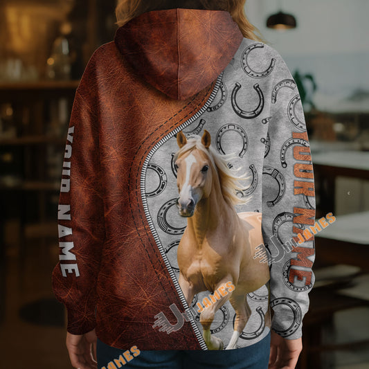UniJames Personalized Palomino Horse Split Faux Leather & Horseshoe 3D Hoodie