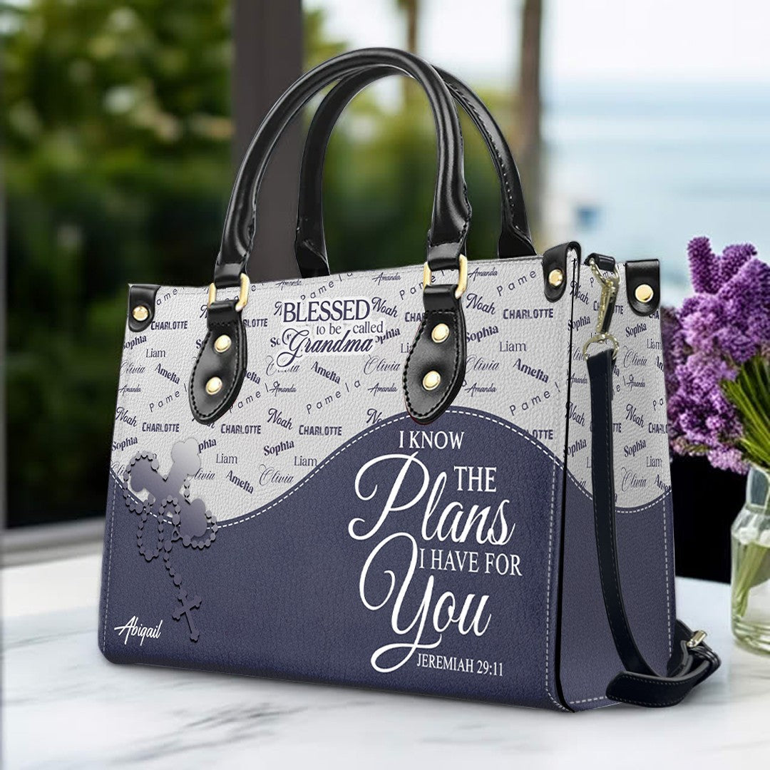Personalized Leather Handbag – Blessed Grandma Purse with Grandkids' Names Background, Christian Bible Verse Bag, Gift for Women