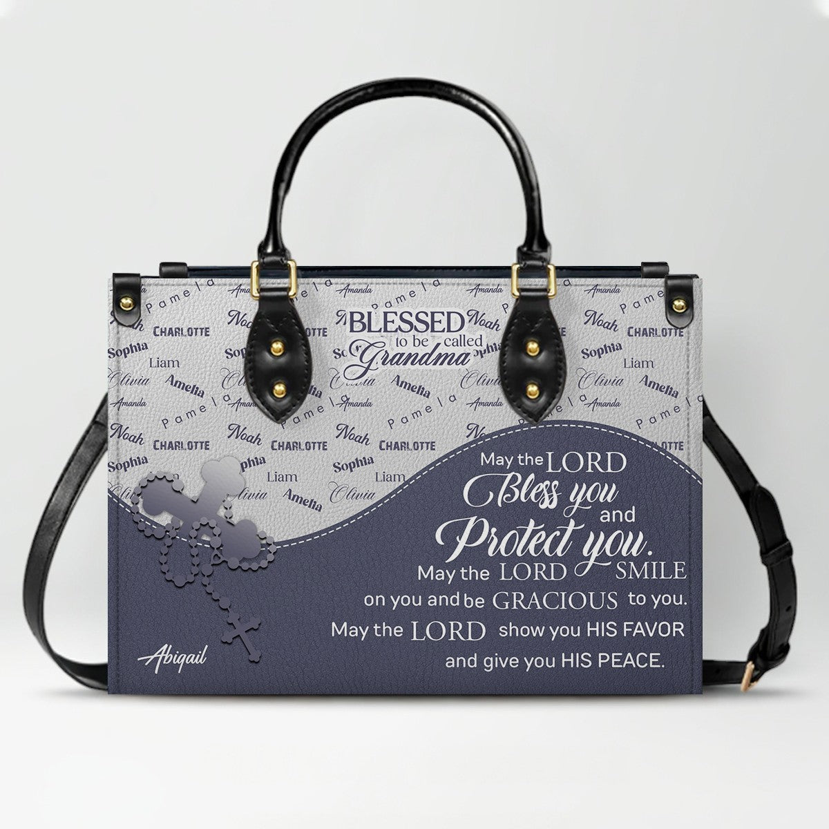 Personalized Leather Handbag – Blessed Grandma Purse with Grandkids' Names Background, Christian Bible Verse Bag, Gift for Women