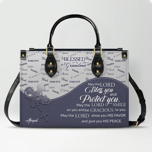 Personalized Leather Handbag – Blessed Grandma Purse with Grandkids' Names Background, Christian Bible Verse Bag, Gift for Women