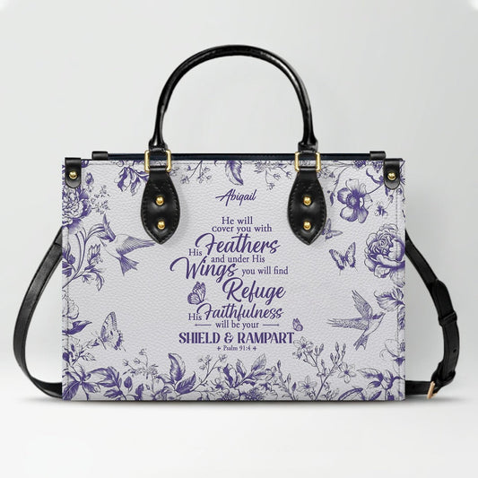 Personalized Christian Leather Handbag with Psalm 91 Bible Verse – Custom Faith Bag by