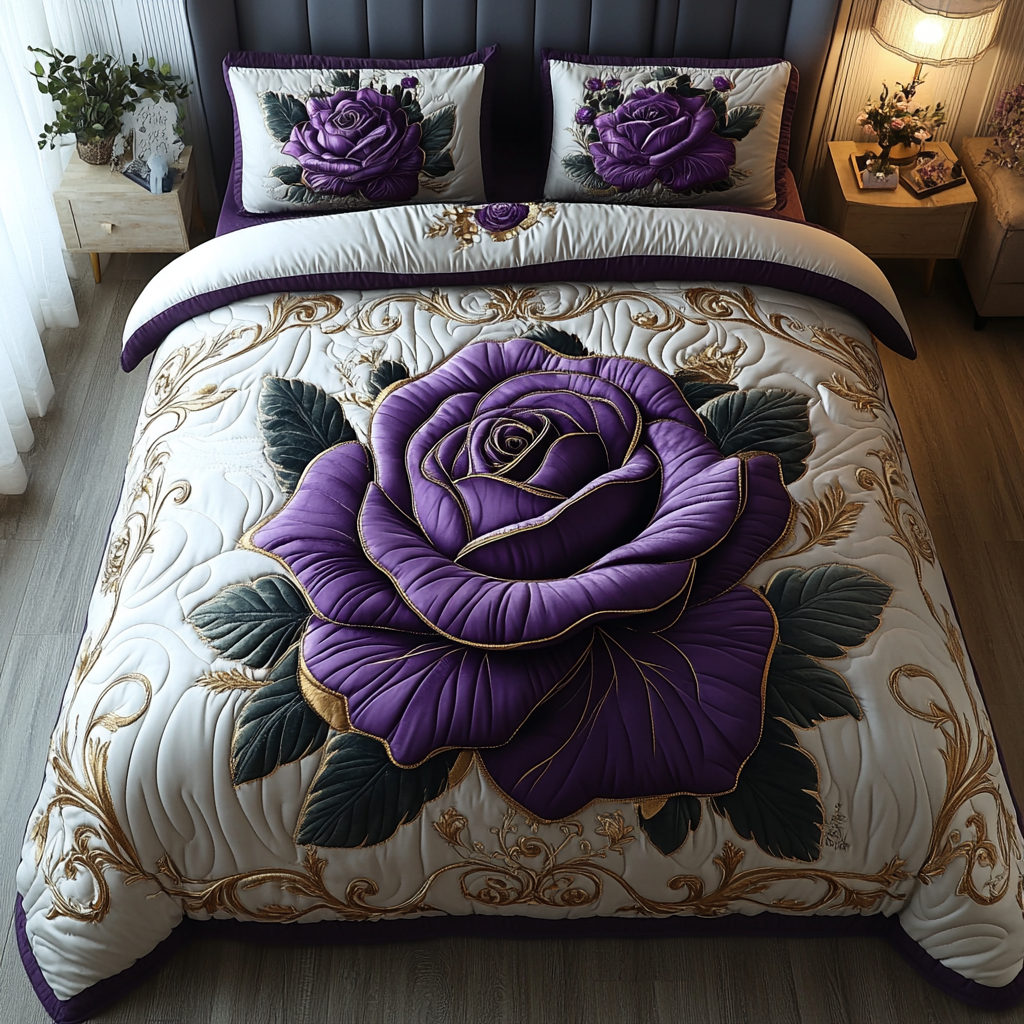 Purple Rose 3-Piece Quilted Bedding Set NCU0VT119