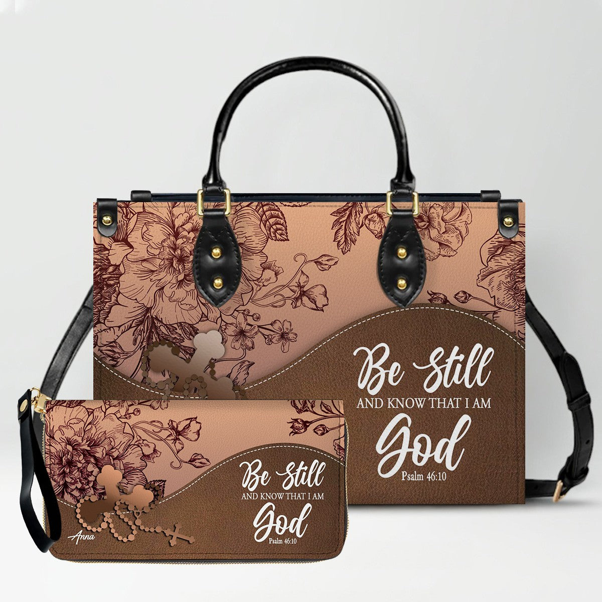 SET – Personalized Leather Handbag & Clutch | Christian Gift by