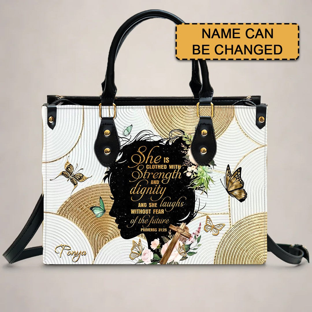 Personalized Christian Handbag – Proverbs 31:25 “Clothed in Strength and Dignity” – Custom Name Faith Tote Bag for Women