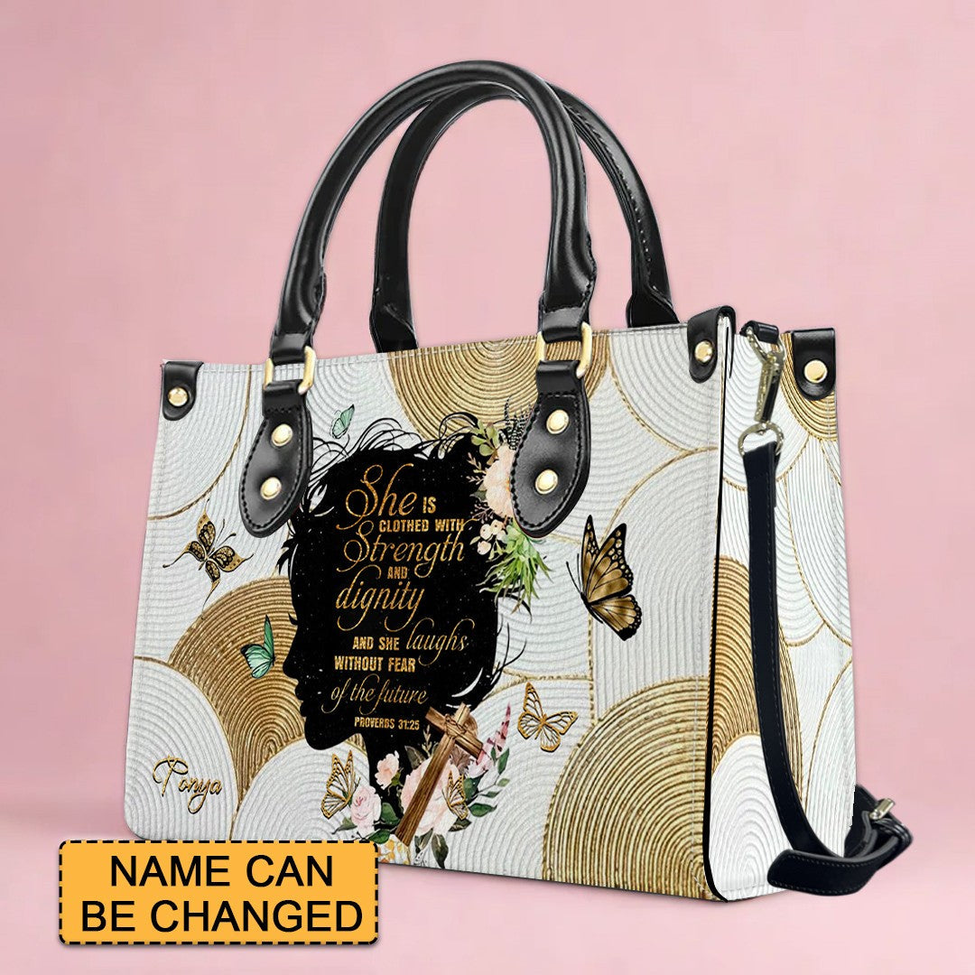 Personalized Christian Handbag – Proverbs 31:25 “Clothed in Strength and Dignity” – Custom Name Faith Tote Bag for Women