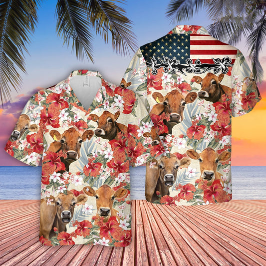 Uni Jersey Hibicus Floral US Flag 3D Hawaiian Shirt