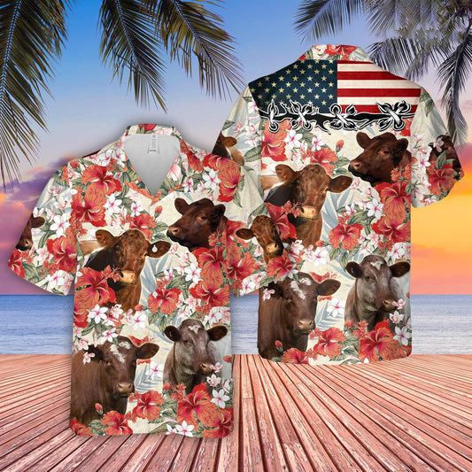 Uni Shorthorn Hibicus Floral US Flag 3D Hawaiian Shirt