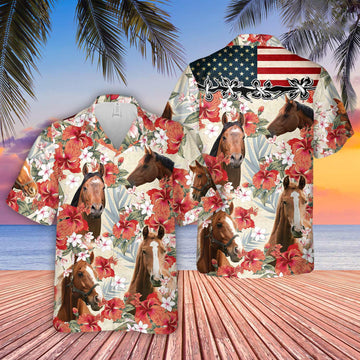 Uni Horse Hibicus Floral US Flag 3D Hawaiian Shirt