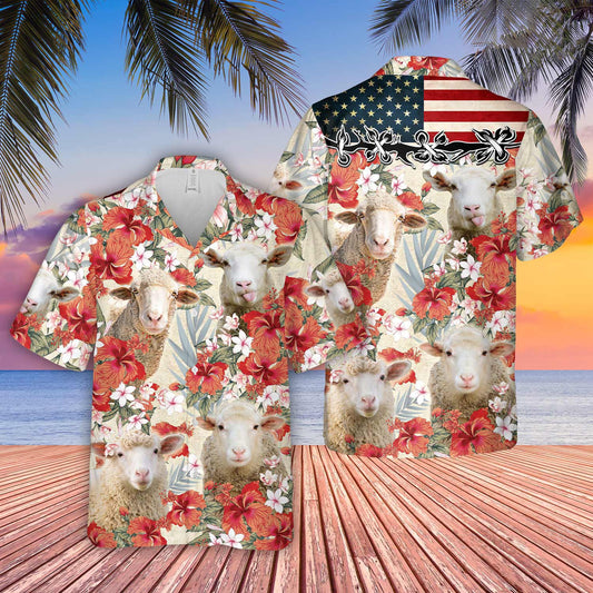 Uni Sheep Hibicus Floral US Flag 3D Hawaiian Shirt