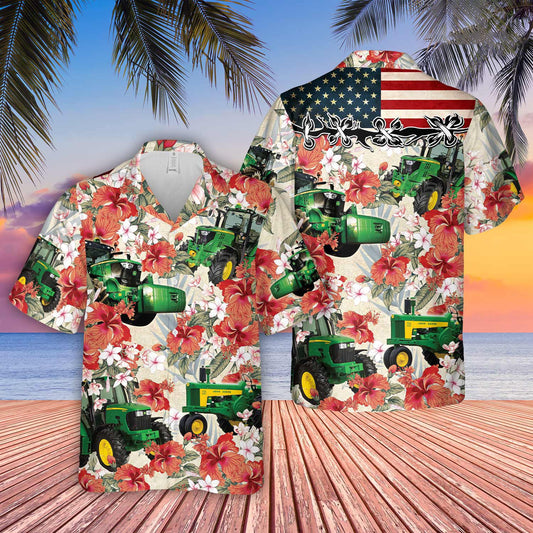 Uni Tractor Hibicus Floral US Flag 3D Hawaiian Shirt