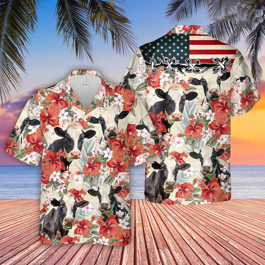 Uni Holstein Hibicus Floral US Flag 3D Hawaiian Shirt