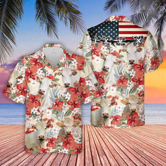 Uni Charolais Hibicus Floral US Flag 3D Hawaiian Shirt