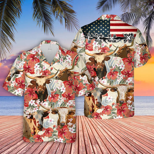 Uni Texas Longhorn Hibicus Floral US Flag 3D Hawaiian Shirt