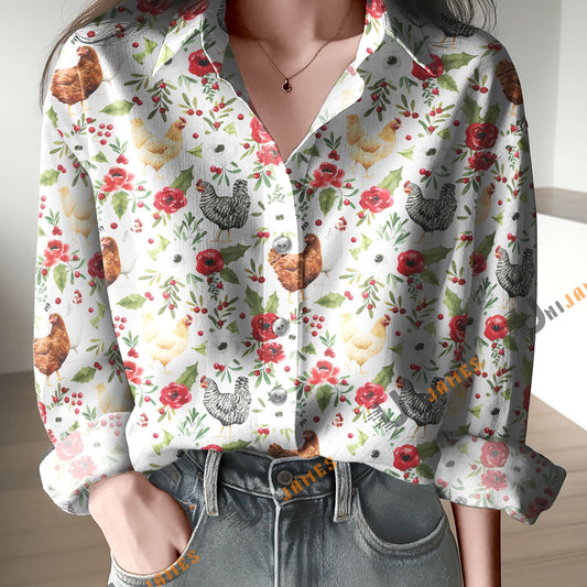 Unique Holly and Pine Christmas Chicken Floral Print Casual Long Sleeve Comfortable Shirt