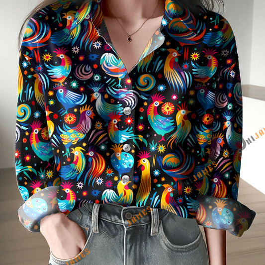 Unique Vibrant Whimsical Chickens Print Casual Long Sleeve Comfortable Shirt