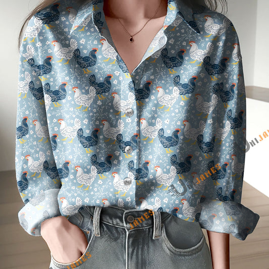 Unique Farmhouse Chickens Print Casual Long Sleeve Comfortable Shirt