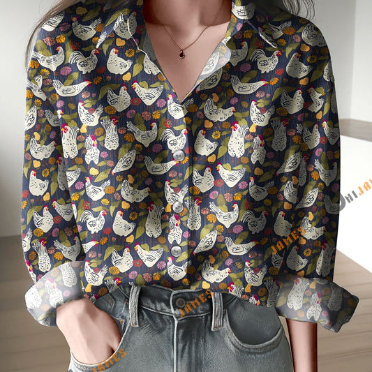 Unique Chicken Coop Dark Blue Print Casual Long Sleeve Comfortable Shirt