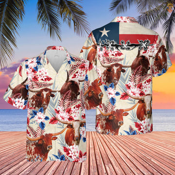 Unique Longhorn Cattle Texas Flag Flowers Hawaiian Shirt