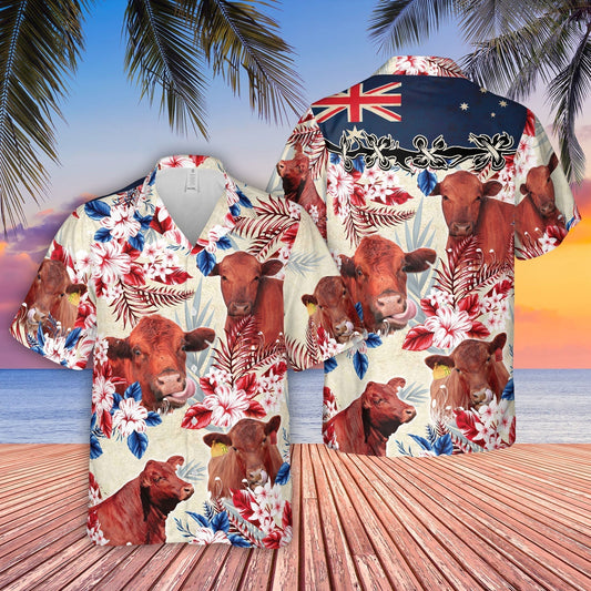 Unique Red Angus Cattle Australia Flag Hawaiian Flowers Hawaiian Shirt