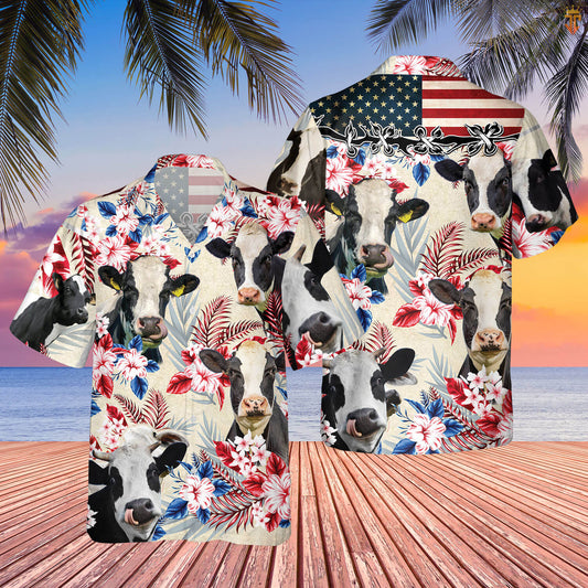 Unique Holstein Friesian Cattle American Flag Hawaiian Flowers All Over Printed 3D Hawaiian Shirt