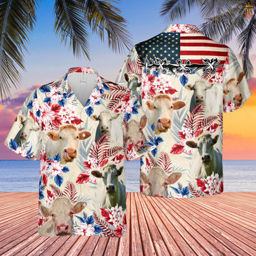 Unique Charolais Cattle American Flag Flowers Hawaiian Shirt