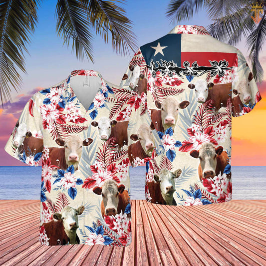 Unique Hereford Cattle Texas Flag Hawaiian Flowers All Over Printed 3D Hawaiian Shirt